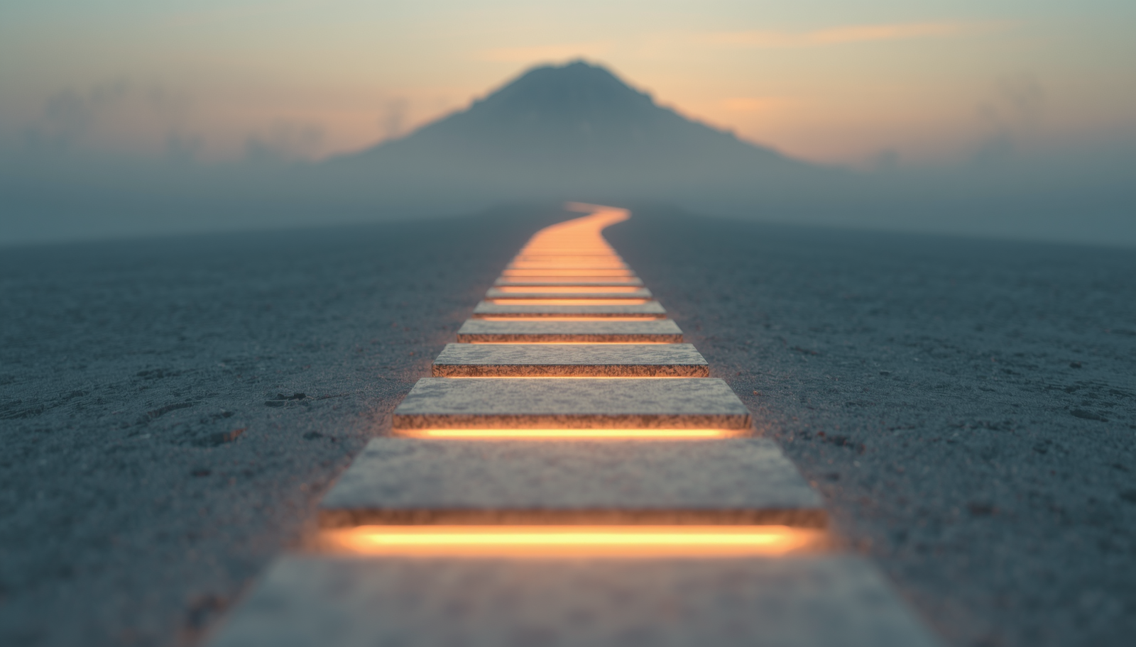 A glowing path leading toward a distant mountain, representing backward planning.