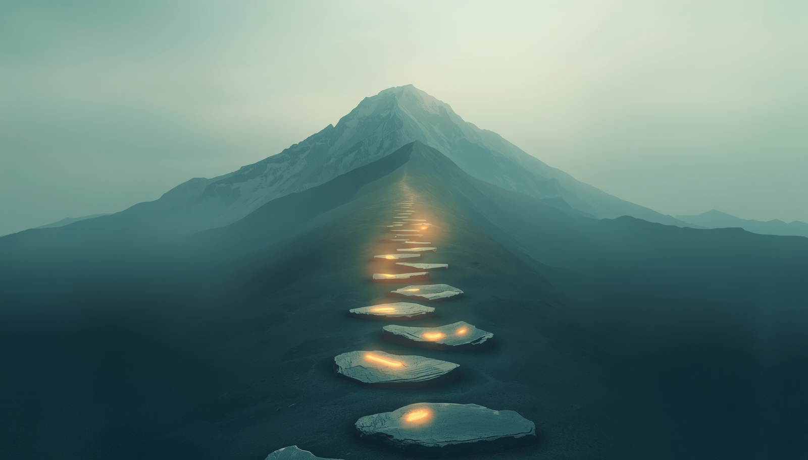 Glowing steps leading toward a mountain, representing micro-goals and long-term momentum.