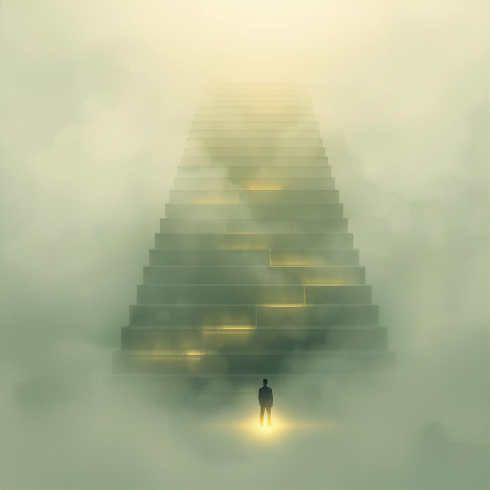 A person standing before a towering staircase in mist, representing task paralysis and the difficulty of starting.