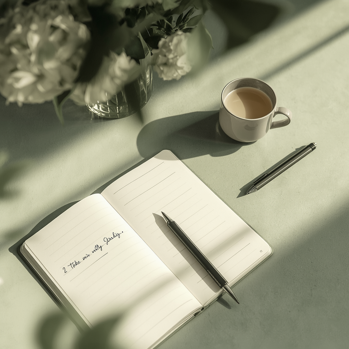 A calm notebook, pen, and tea cup representing one small next step.