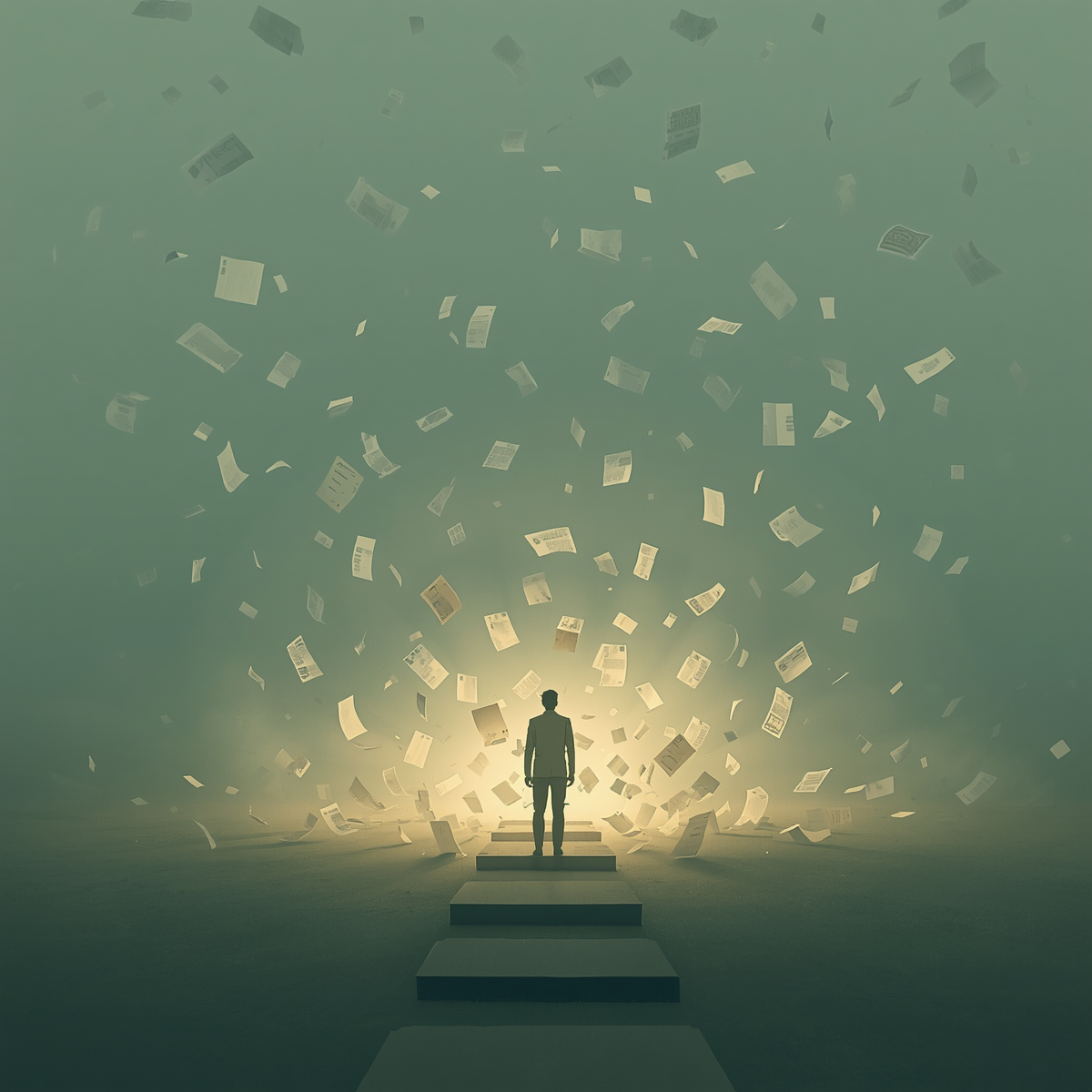 A person standing before floating papers, representing overwhelm and task paralysis.