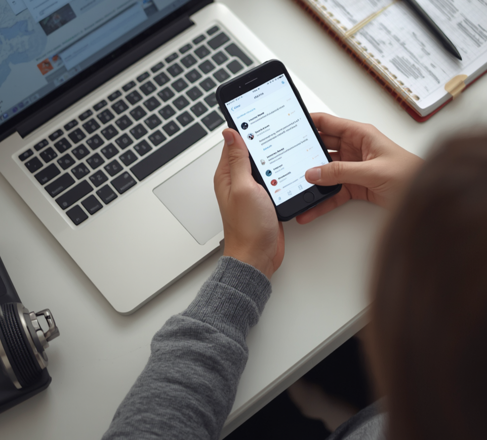 Person at a desk looking at a smartphone while a laptop and planner sit open, illustrating procrastination and distraction.