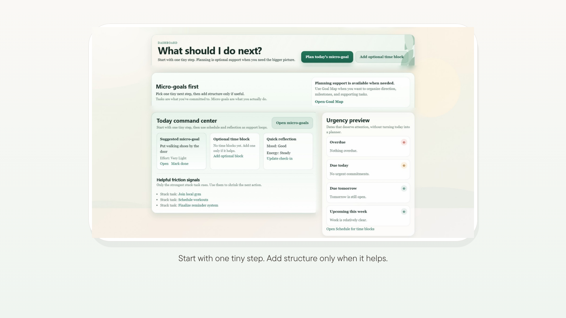 FuturaPath dashboard showing a suggested micro-goal, optional time block, quick reflection, and urgency preview.